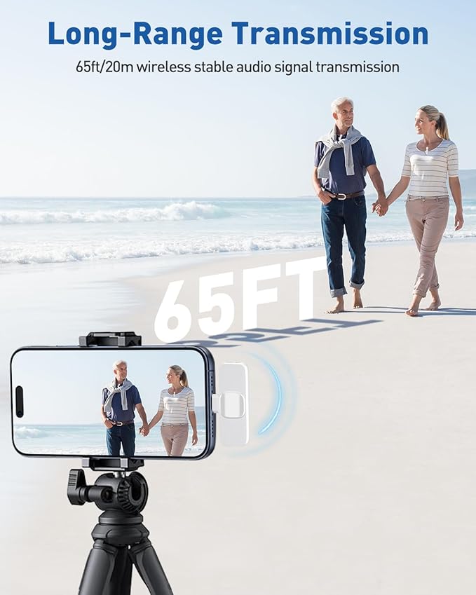PoP voice USB C Mini Microphone for iPhone 16/15/14/Android, Wireless Lavalier Microphone with Noise Reduction, Lapel Lav Mic for Vlog YouTube TikTok Recording, 12H, 65ft (White)