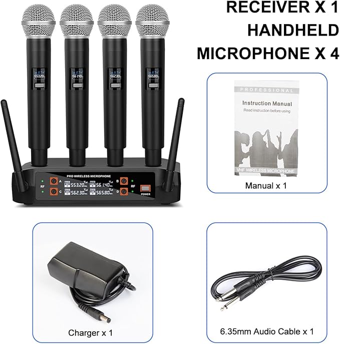 4-Channel Wireless Microphone System for Karaoke & Church UHF Handheld Mics, Plug & Play Setup, Clear Sound for Party & Meetings