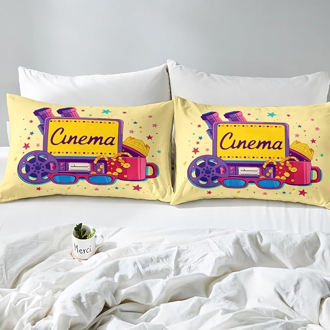 Erosebridal Movie Themed Bed Sheets Set for Boys Girls Family Movie Theater Decor Sheet Set King Size Film Lover Modern Sheets Home Theater Decor Fitted Flat Sheet 4 Pcs