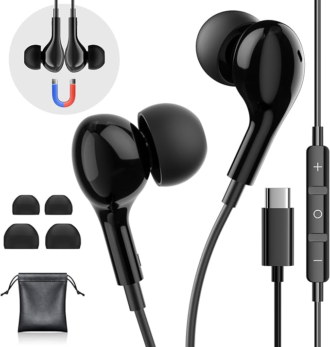 USB C Headphones for iPhone 17 Air 16 Wired Earphones for Samsung Galaxy S24/S23/S22/S25/S26 Ultra for iPhone 15 Pro Wired Earbud with Mic Stereo Noise Cancelling Type C Earbuds for Pixel 9/Oneplus 12