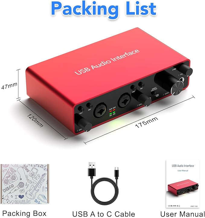 USB Audio Interface 4 Line Outputs & 2 Line Inputs with 48V Phantom Power 24Bit/192kHz for the Musicians, Vocalist, Podcaster, Works with Most DAWs and Recording Software(AR007-4 Line Outputs)