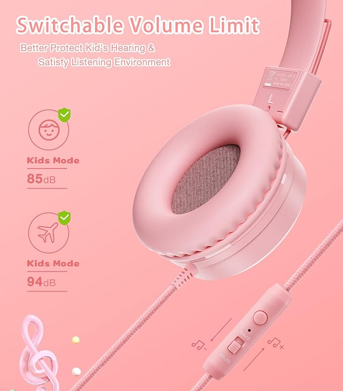 Kids Headphones with LED Lights for School, Upgrade USB Type C Kid Headphone with Microphone, Volume Limiter 85/94dB, Wired On Ear Headphones for Boys/Girls/Tablet/Travel -Pink