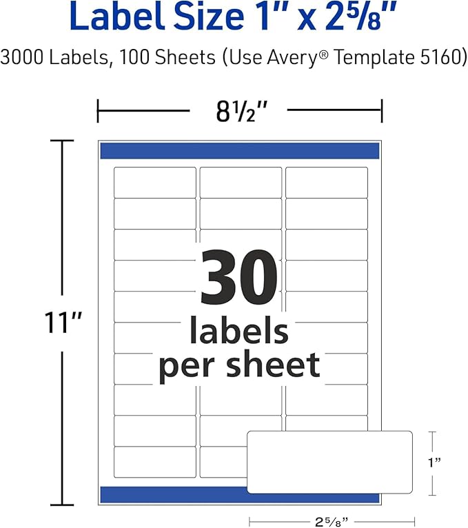 Avery Easy Peel Return Address Labels, 1" X 2-5/8" - 22,500 Blank White Mailing Labels for Shipping, Printing and More (5160)