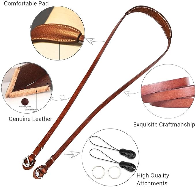 CANPIS CP005 Leather Camera Neck Shoulder Strap with Pad, Mirrorless Camera Strap Compatible with Sony Leica Nikon Fujifilm Olympus Panasonic (Color: Brown, Length 108cm)