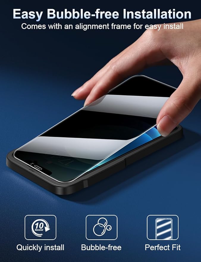 ruwa Privacy Screen Protector for iPhone 12 Pro Max [6.7 Inch][3-Pack] Anti-peep Tempered Glass Film with Easy Installation Alignment Frame, 9H Hardness, Scratch Resistant, Case Friendly