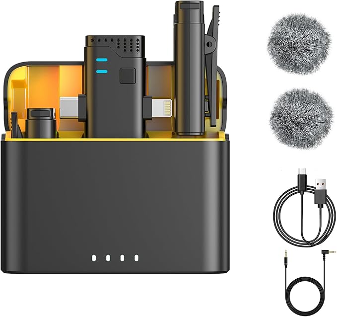 2 in 1 Professional Wireless Lavalier Microphone for Android, iPhone iPad with Charging Case Noise Cancellation Plug-Play Clip on Lapel Mic for YouTube, Recording, Vlog, Facebook Live Streaming