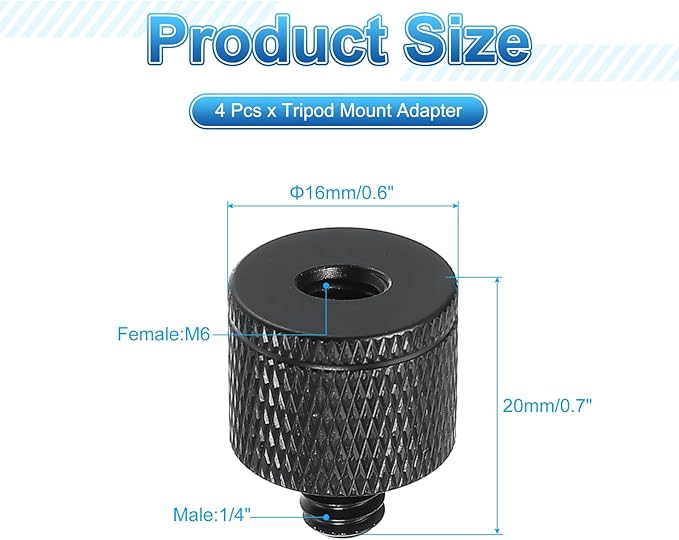 PATIKIL Tripod Screw Adapter M6 Female to 1/4" Male, 4 Pcs Tripod Nut Connectors Camera Mount Screw Camera Double Head Converter for Microphone Holder Magic Arms Accessories, 20 mm