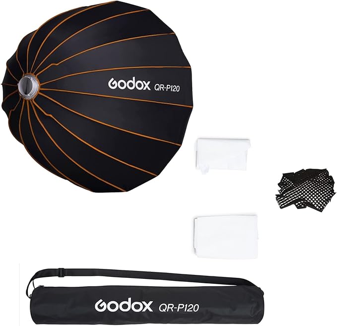 GODOX QR-P120 47.1 Inch/120CM Parabolic Softbox Bowens Mount, Quick Release Parabolic Softbox, with Front & Inner Diffuser for SL-60W AD600BM VL150 UL150 SL150II Amaran 100X 200D 200X w/Grid