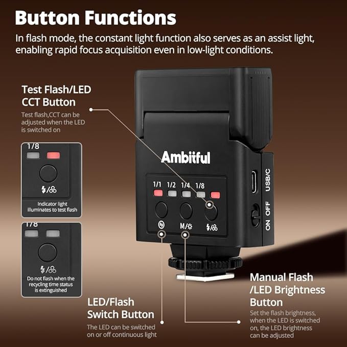Ambitful AF10 Mini Camera Flash, Rechargeable Manual Speedlite with 90° Tilt Head, LED Continuous Light, USB-C Charging, Single-Contact Hot Shoe Flash for Sony Canon Nikon Fuji Ricoh Cameras