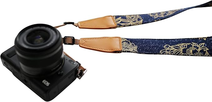Original Design Personalized Adjustable Camera Strap Golden Flowers Line Drawing on Blue, Fit for Canon Nikon Sony Olympus Interchangeable Lens Digital Camera/DSLR etc.