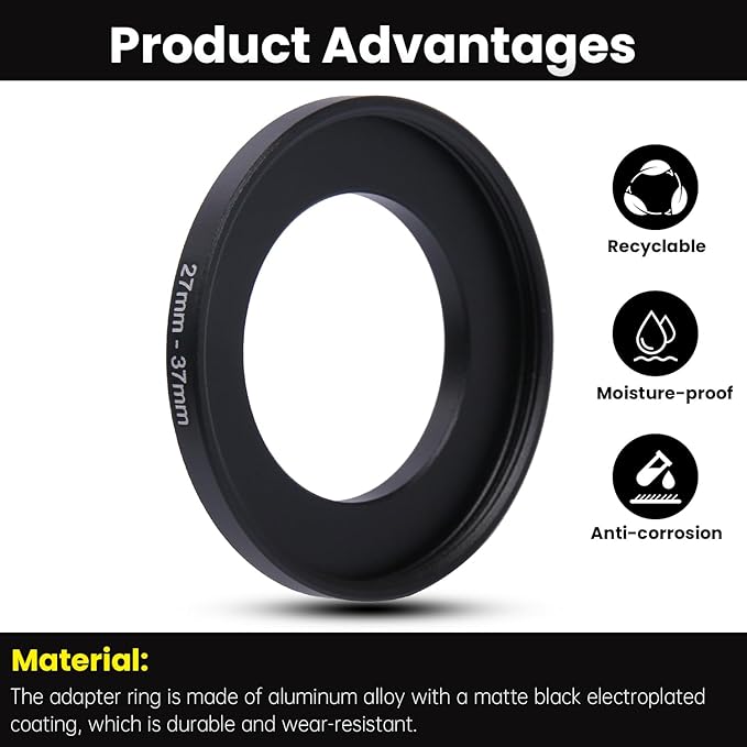 Metal Step Up Ring Filter Adapter - 27mm to 37mm - Metal Ring Step Up Rings Adapter Filter Compatible with All 37mm UV, CPL, ND, Lens Hood, Threaded Lens ect