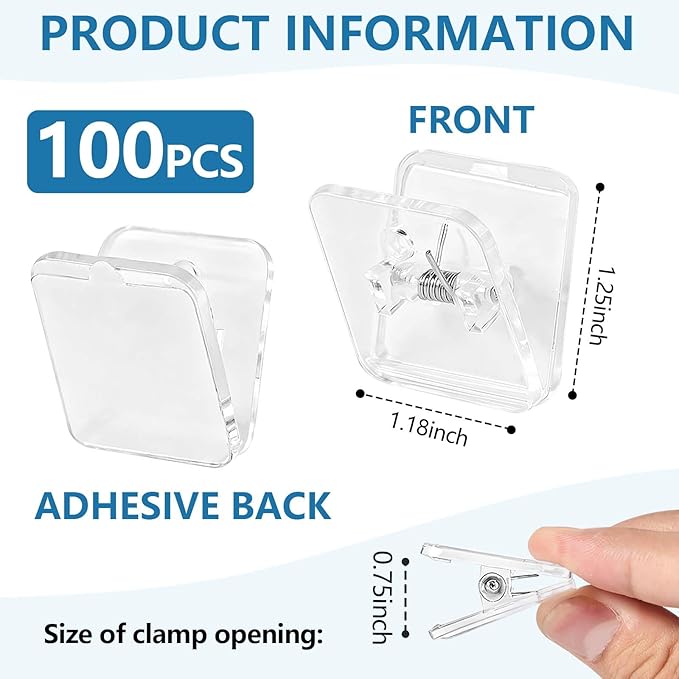 Uixitoil 100 Pieces Self Adhesive Clips Tapestry Hangers for Posters, Photos, and Postcards, Clear Sticky Clips for Office, Home, School Decorations