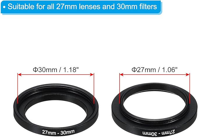 PATIKIL 27mm-30mm Metal Step Up Ring with Cleaning Cloth, 2 Pack Camera Lens Filter Adapter Ring Aluminum Filter Adapter Ring for Camera Lenses Hood, Black