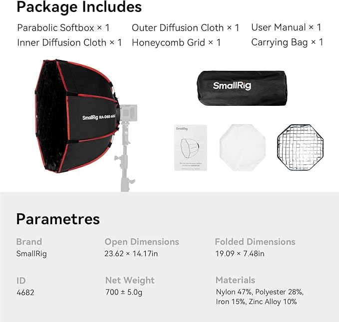 SmallRig RA-D60 Parabolic Softbox, 23.6" Quick Release Softbox with Carrying Bag, Compatible with SmallRig RC60 /RC100 Series COB Video Light for Photography Studio, Video Recording