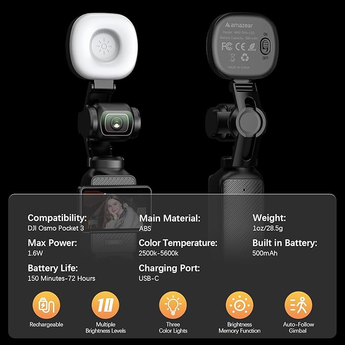 AMAZEAR LED Light for DJI OSMO Pocket 3 Accessories, Auto-Follow Gimbal Selfie Vlog Video Auxiliary Fill Lighting, CRI≥95, 3-Color Temp 2500-5600K Brightness Adjustable, 500mAh 1.6W USB-C