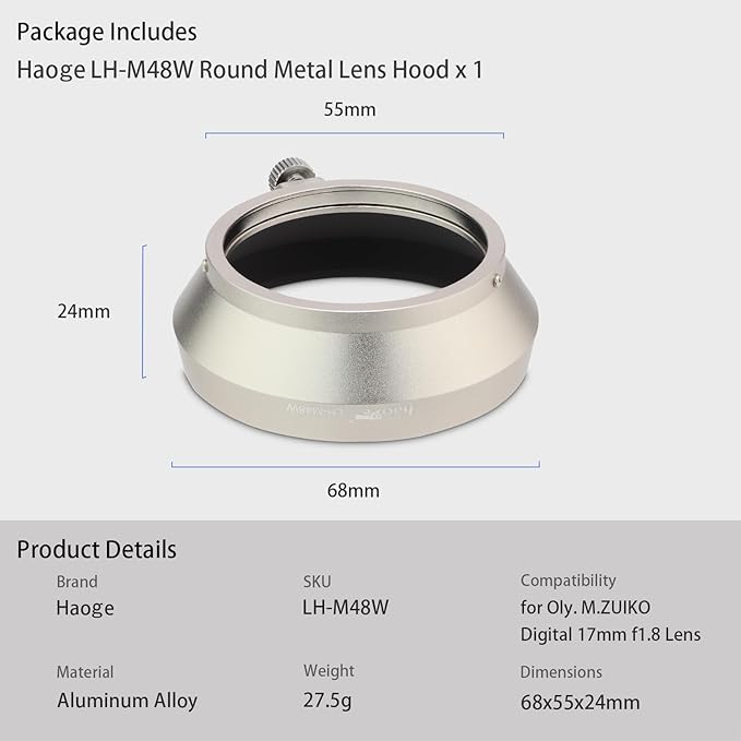 Haoge LH-M48W Metal Lens Hood Shade for Olympus M.ZUIKO Digital 17mm F1.8 Lens Replace LH-48B Silver
