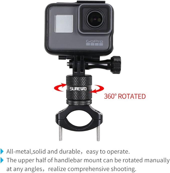 SUREWO Bike Mount for Action Cameras, Aluminum Handlebar Mount Compatible with GoPro Hero 13/12/11/10/9/8/7/6/5 Black, GoPro Max, DJI Osmo Action 5/4/3/2, Crosstour and More