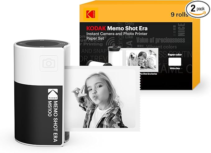 KODAK Memo Shot ERA Kids Instant Digital Camera and Photo Label Printer (White, Camera + 10 Rolls)
