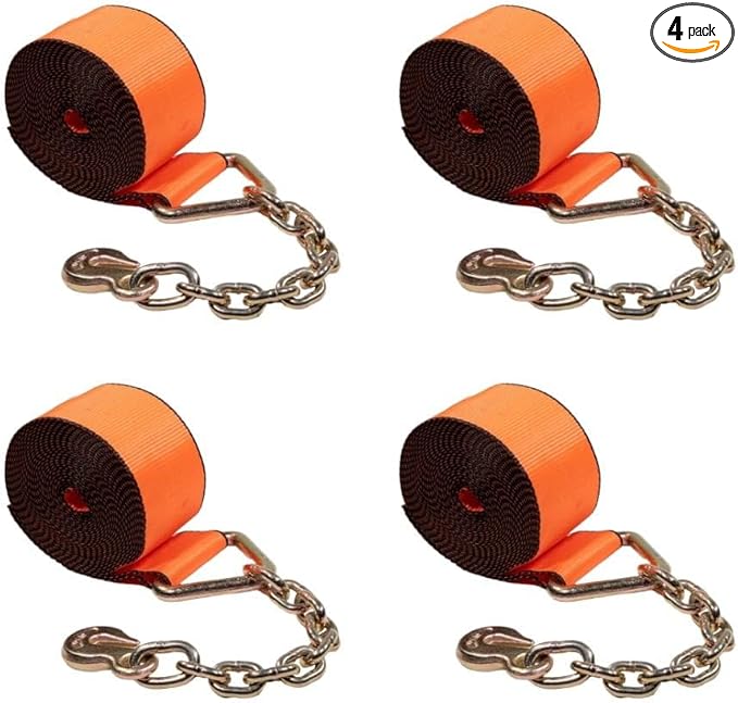 Mytee Products 4 Pack 4" x30' Winch Strap with Chain Anchor - 6670 lbs High Abrasion 18" Chain Extension with Grab Hook - 4 Inch Heavy Duty Tie Down Straps for Flatbed Truck Utility Trailer
