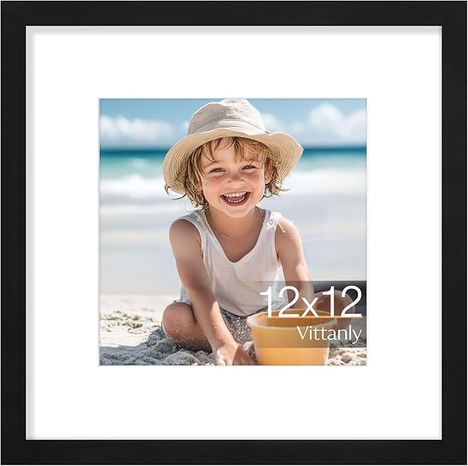 Vittanly 12x12 Picture Frame, Made of Solid Wood and Shatterproof Plexiglass, Display Pictures 8x8 with Mat or 12x12 without Mat, Wooden Photo Frame for Wall Mounting, Black, 1 Pack