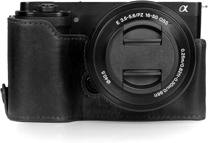 MegaGear Ever Ready Genuine Leather Camera Half Case Compatible with Sony ZV-E10 (Black)