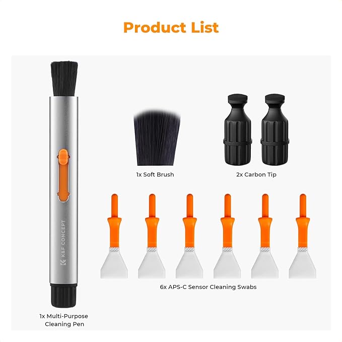 K&F Concept® Versatile Switch Lens Cleaning Pen, Replaceable Pen Tip with Cleaning Brush+Carbon Tip*2+16mm APS-C Cleaning Swab*6 for Camera Filters Screen Phone Computer Tablet AR VR Glasses