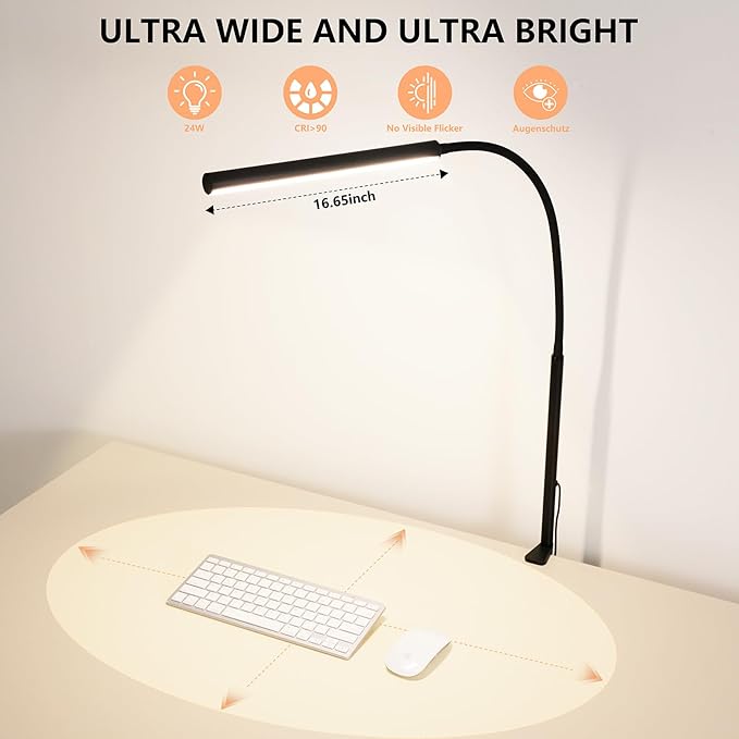 LED Desk Lamp for Office Home, Adjustable Flexible Eye-Caring Desk Light with,5 Modes 10 Brightness Adjustment, USB Adapter Desk Lamp with Clamp-LK-B