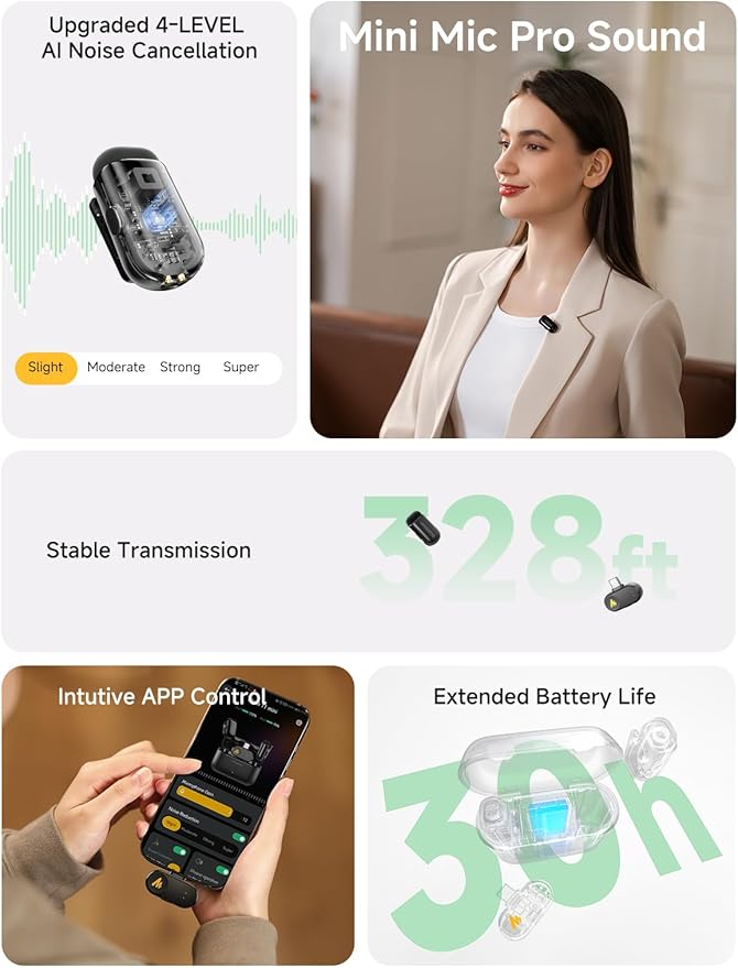 MAONO Wave T1 Mini Wireless Lavalier Microphone for iPhone 17 16 15 & Android with USB-C Plug, Noise Cancellation, AI Voice Filter, 30H Used with Charging Case for Video Recording Vlogging Podcast