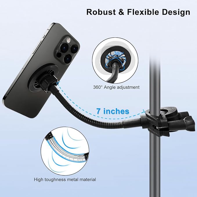 for Magsafe Mic Stand Phone Holder, Flexible Phone Holder for Microphone Stands Super Magnets iPhone Mic Stand Holder Music Stands Phone Mount for iPhone 15 14 13 12 Pro Max Plus Max Mini