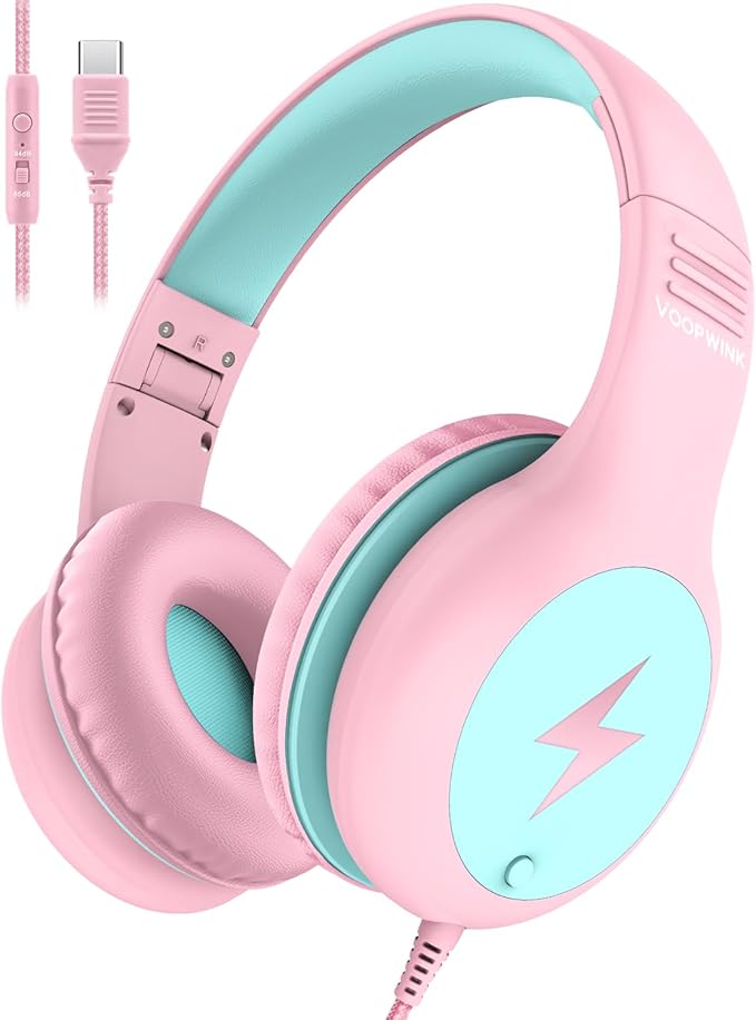 Kids Headphones Wired with Microphone, USB Type C Headphones for Kids Girls Boys with Cord/LED Lights/85/94dB Volume Limit, Portable Over Ear Headphones for School/Travel/Tablet/iPad