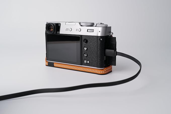 Genuine Leather Camera Half Case for Fujifilm X100VI - Top Layer Cowhide Body + Metal Base Plate - Hand Shank Free Design (Orange)