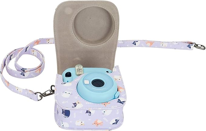 Phetium Instant mini 12 Camera Protective Case Compatible with Instax Mini 12 11,PU Leather Bag with Pocket and Adjustable Shoulder Strap (Purple Cat)