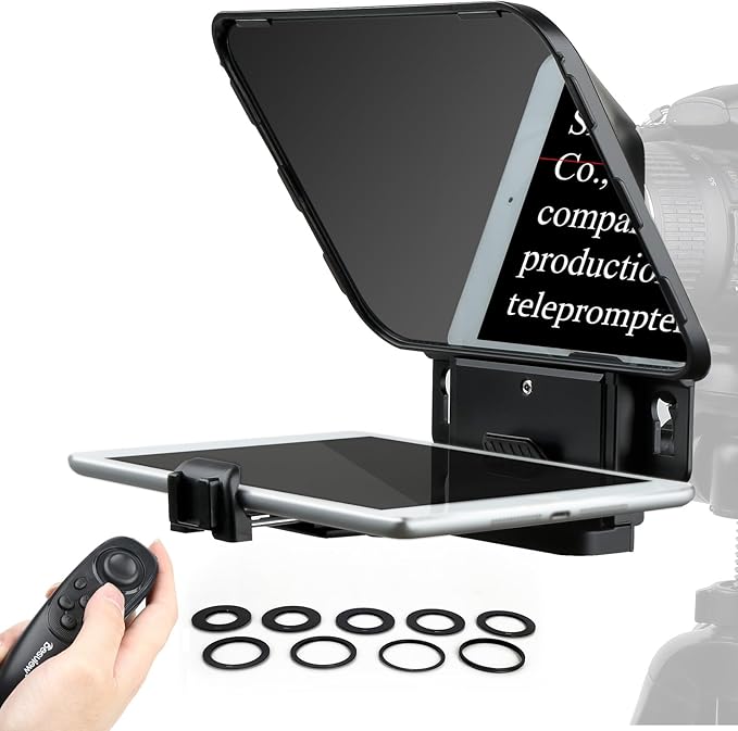 Desview T3 Portable Teleprompter for iPad Tablet iPhone up to 10 inch High Definition 70/30 Beam Splitter Glass with Remote Control for DSLR Camera Smartphone Video Recording (9 Lens Adapter Ring)
