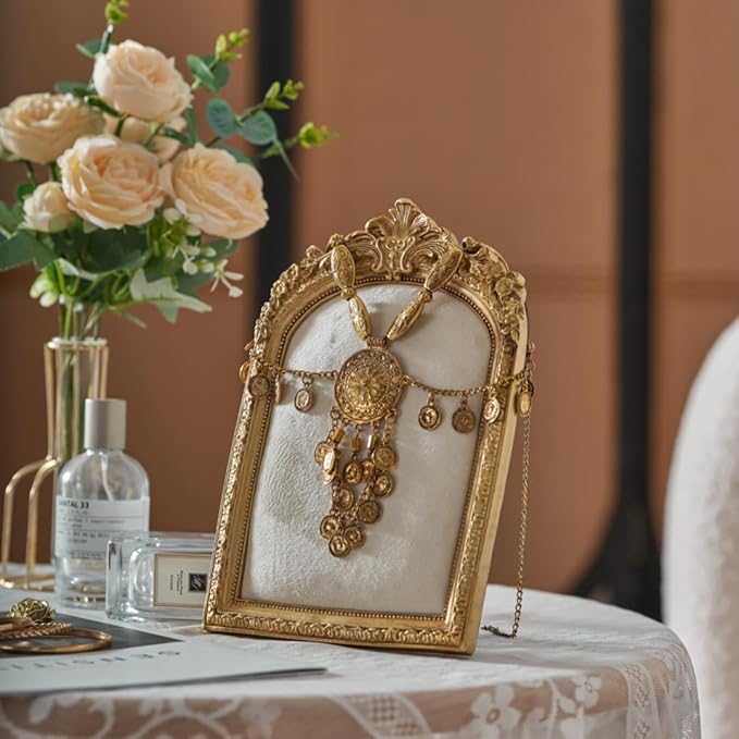10.4"*7" gold Jewelry Display Stand Photo Frame, Resin Vintage Earring Stand, Velvet Necklace Storage Stand, Elegant Decoration for Jewelry and Collectibles-1pack