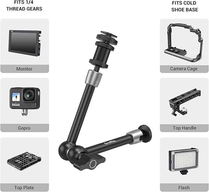 SMALLRIG Articulating Rosette Arm Max 11'' Long with Cold Shoe Mount & Standard 1/4"-20 Threaded Screw Adapter - 1498