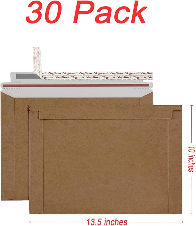 Bonfasvo Rigid Mailers 30 Pack 10 x 13.5 inches Brown Self Seal Stay Flat Bulk Cardboard Kraft No Bend Mailers Peel and Seal for Document Photos Pictures Papers Files CD