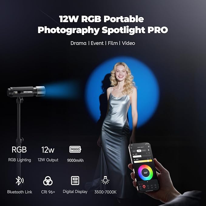 PHOTOOLEX PRO 12W RGB Photography Flashlight, 360 ° Full Color LED Portable Spotlight, Conical Optical Snoot Kit with 10 Metal Gobos/9000mAh/3 Lens/CRI 96+/12 Effects, LCD Display, APP Control