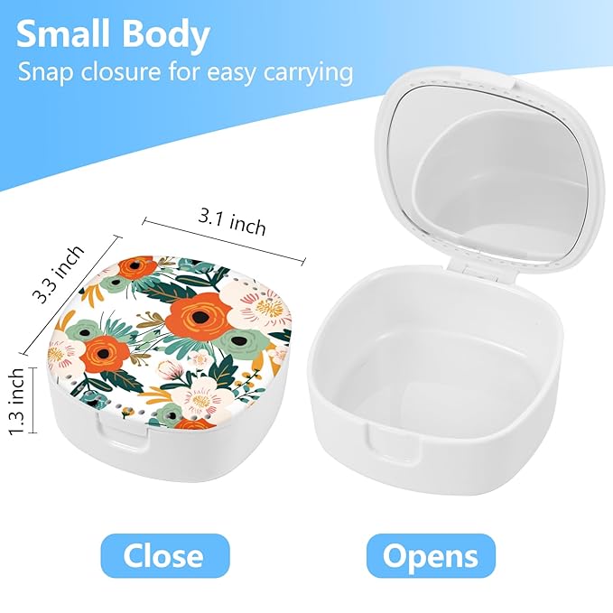 Retainer Case, Denture Case Night Guard Mouth Guard With Mirror and Ventilation Holes,Orange Flower