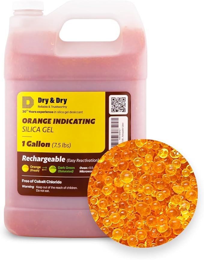 "Dry & Dry" [7.5 LBS] Premium Orange Indicating Silica Gel Desiccant Beads(Industry Standard 3-5 mm) - Rechargeable(1 Gallon)