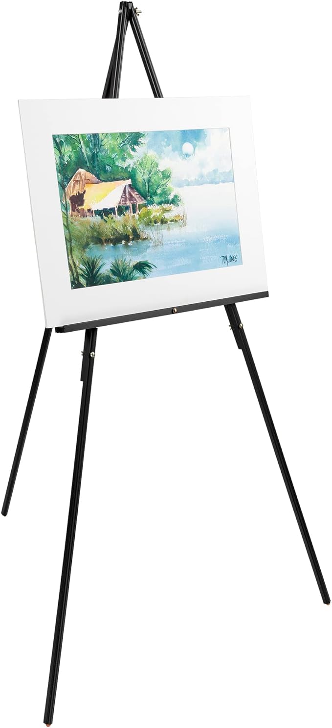 Creative Mark Thrifty Wood Tripod Display Easel Stand for Painting Single Unit- Durable Light Weight and Foldable with Adjustable Angle and Wheel - Drawing & Painting - Black Finish - Ideal For Artist