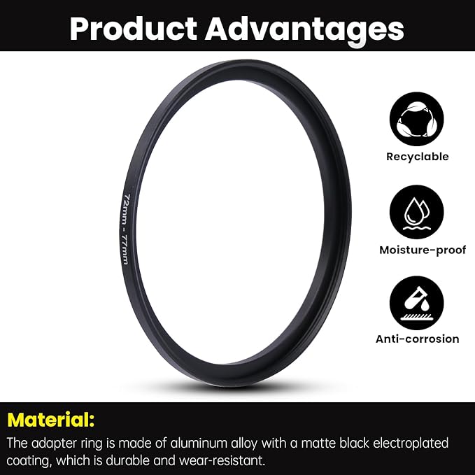Metal Step Up Ring Filter Adapter - 72mm to 77mm - Metal Ring Step Up Rings Adapter Filter Compatible with All 77mm UV, CPL, ND, Lens Hood, Threaded Lens ect