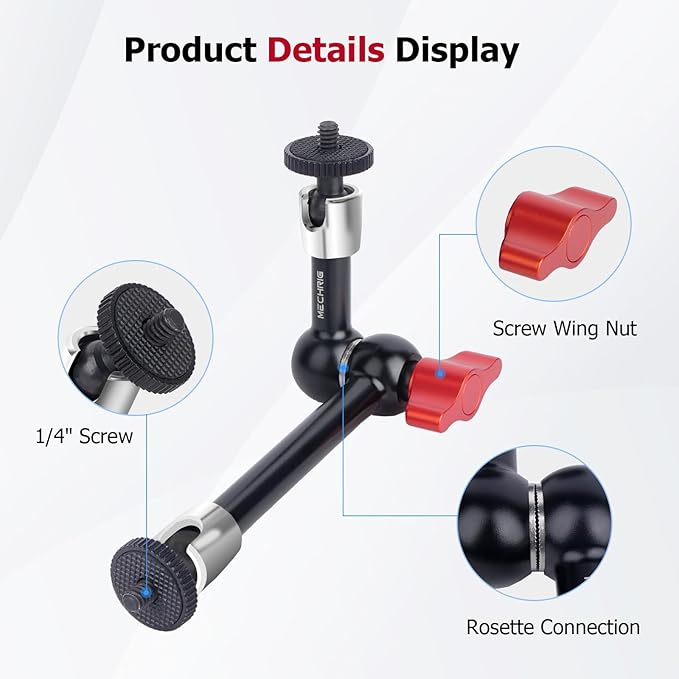 9" Cold Shoe Magic Arm with 360° Ball Joint, Extended Stainless Steel Friction Arm for Camera Cage Rig, LED Panel, Monitor Mount – Vlog Studio Photography-87002