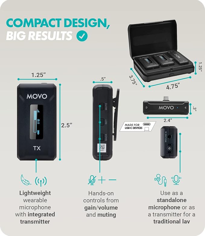 Movo WMX-2-C Duo Wireless Microphone System for USB-C – Dual Clip-On Lavalier Mics for iPhone 15, Android, iPad Pro, MacBook – 2 Wireless Transmitters, Charging Case, 7HR Battery, 328ft Range