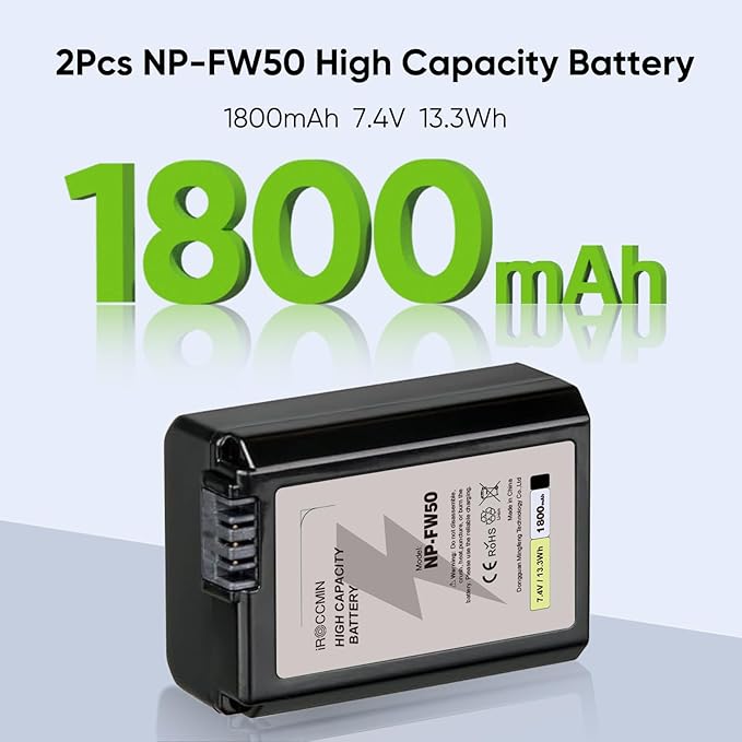 2-Pack NP-FW50 Battery, 1800mAh for Sony ZV-E10, Alpha a6500, Alpha a6300, Alpha a6000, Alpha a7 II, Alpha a7R II, Alpha a7S II, Alpha a5000, Alpha a5100 Camera