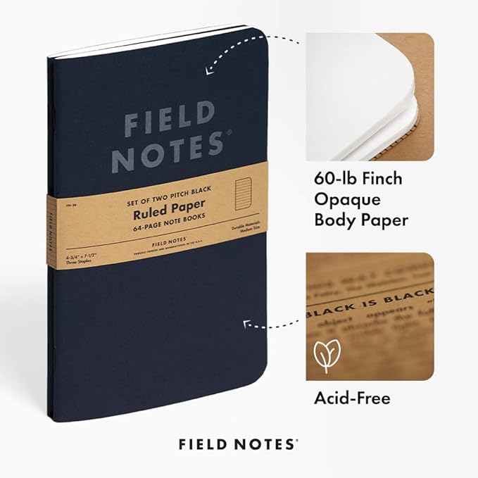 Field Notes 2-Pack Pitch Black Notebooks (4.75" X 7.5"), Ruled, 64 Pages | Thin Pocket Sized EDC Notebook With 90 GSM Paper & Paperback Cover | Work Notebooks For Note Taking | Made in the USA