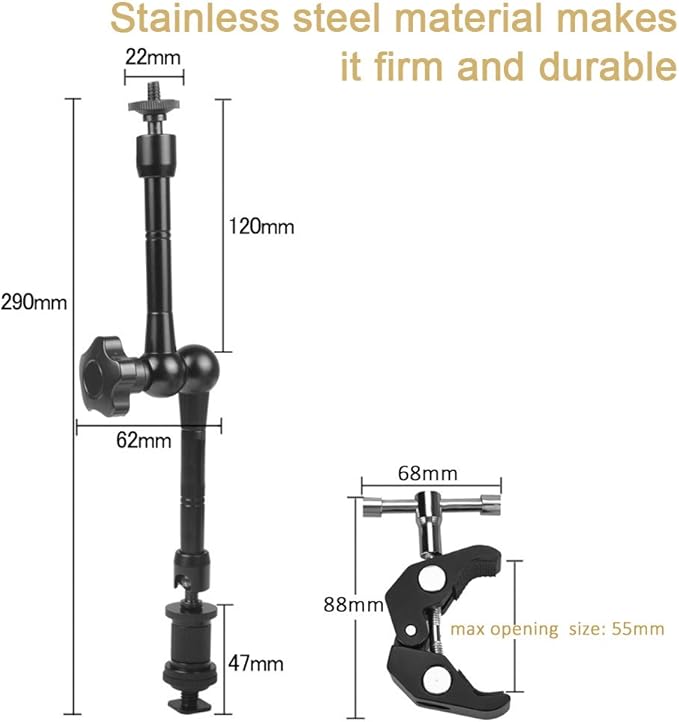 11" Articulating Magic Friction Arm with Large Super Crab Clamp Mount Clip Pliers for DSLR Camera Monitor LED Light
