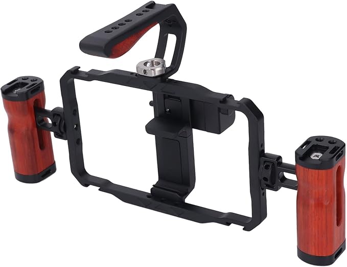 Smartphone Video Rig Smartphone Video Rig Kit, Aluminum Alloy Detachable Dual Wooden Handles Phone Cage for Vlogs, Live Streaming, and Stable Shoots