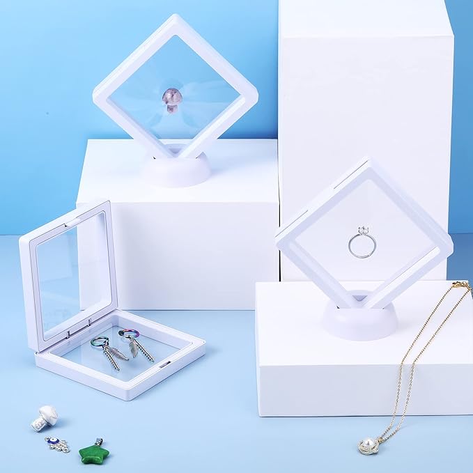 60 Pcs 3D Floating Display Case PE Film Jewelry Storage Box Coins Display Frame Holder Stands for Antique Challenge Coins, Medallion Shells Gems Rocks Pins (White,3.5 Inch)