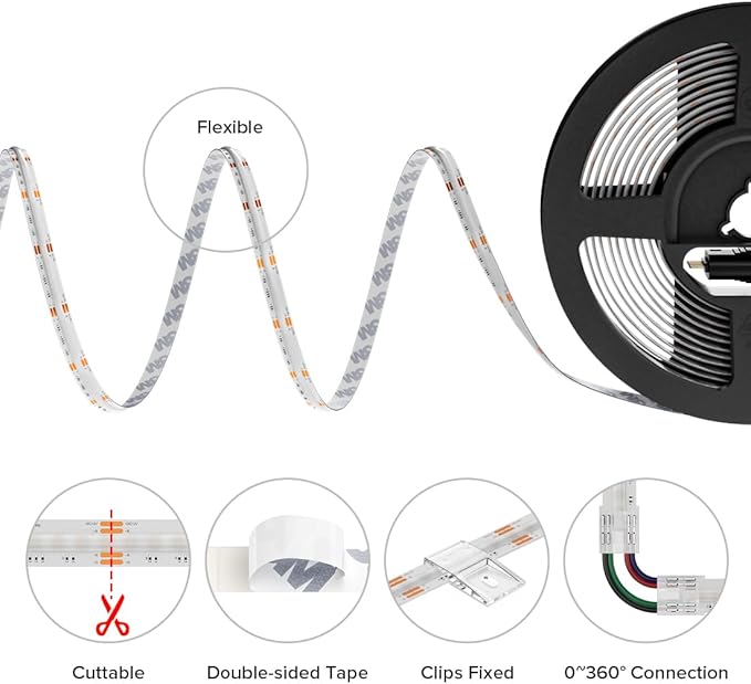 BTF-LIGHTING FCOB RGB COB LED Strip Lights Kit UL Listed 810LED/m 16.4FT 10mm Width Color Changing Flexible LED Tape for Bedroom Party Decor, with RF Remote and ETL 12VDC Power Supply