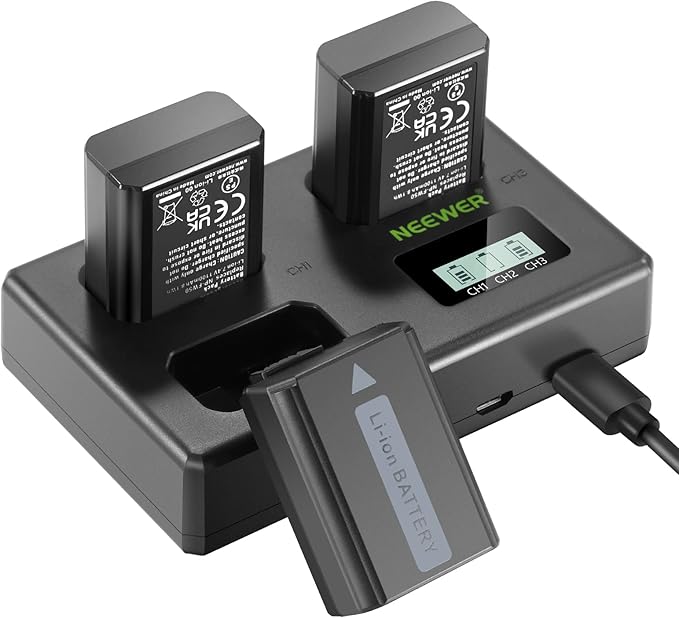 NEEWER Replacement Battery and Charger Set for NP-FW50, 3 Pack 1100mAh Batteries and Triple Slot USB Charger Compatible with Sony ZV-E10 A7 A7R A7RII A7II A7SII A7S A7RII A6300 A6400 A6500 RX10